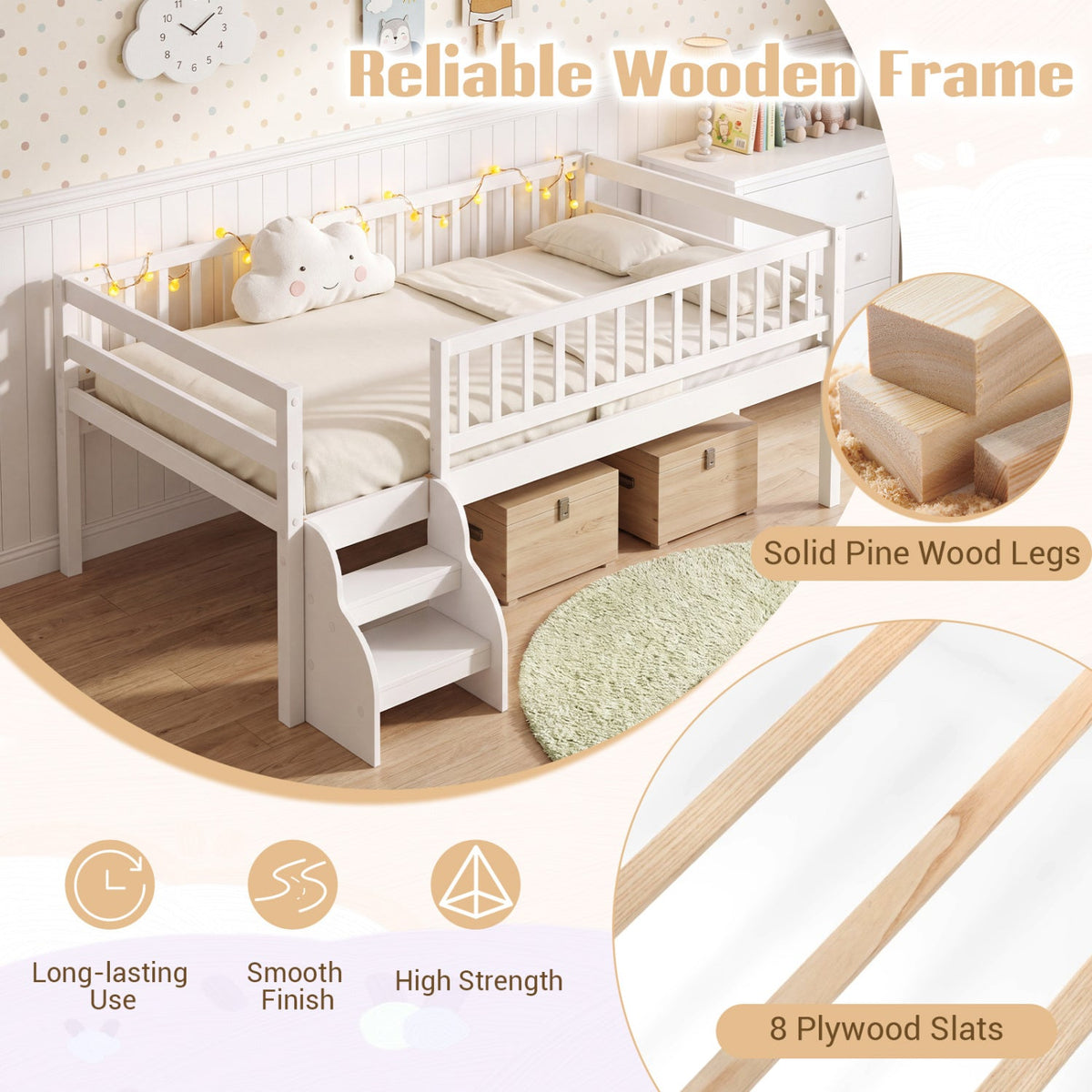 Twin Size Montessori Bed with Stairs and Guardrails-Beds & Bed Frames-DECOROLALA