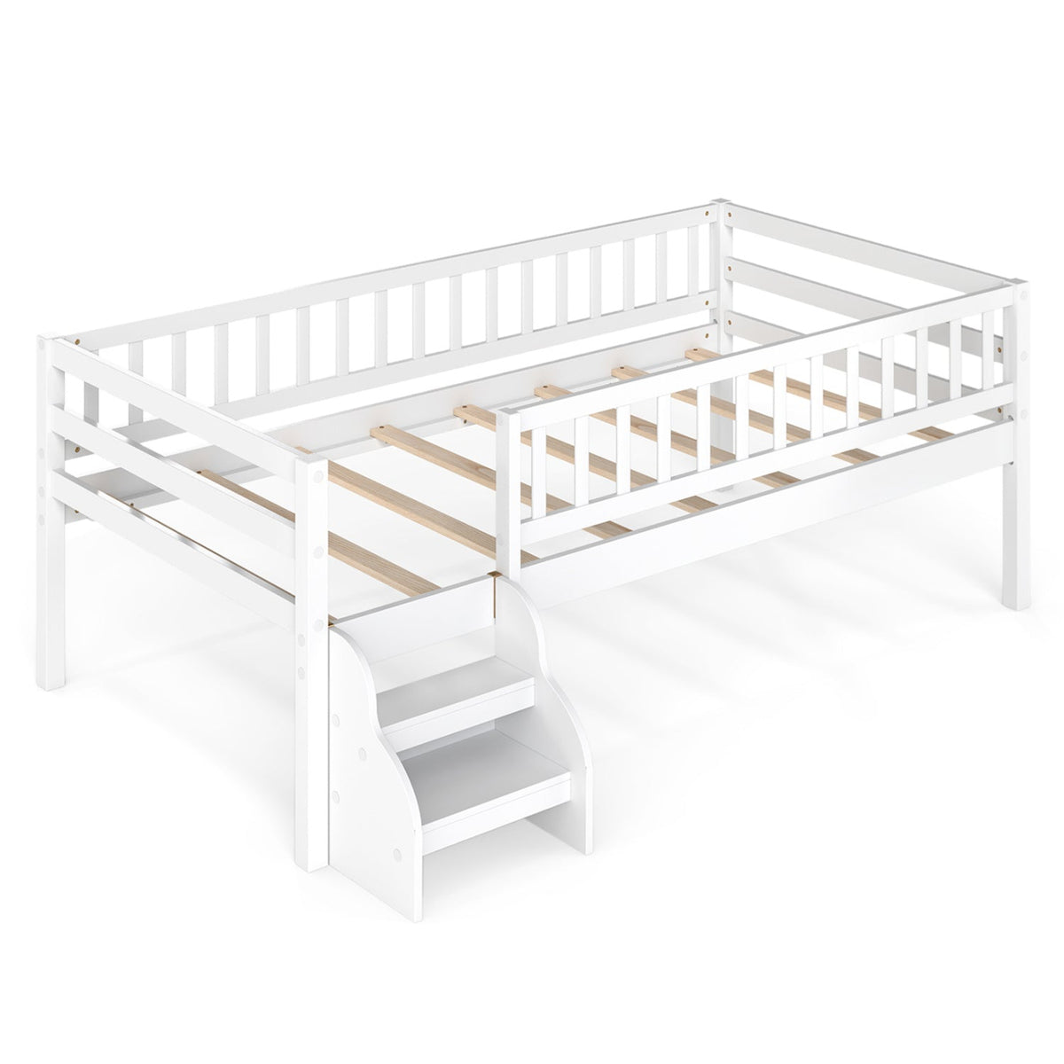 Twin Size Montessori Bed with Stairs and Guardrails-Beds & Bed Frames-DECOROLALA
