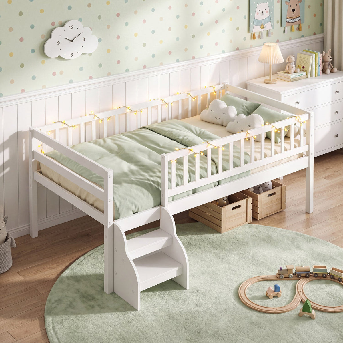 Twin Size Montessori Bed with Stairs and Guardrails-Beds & Bed Frames-DECOROLALA
