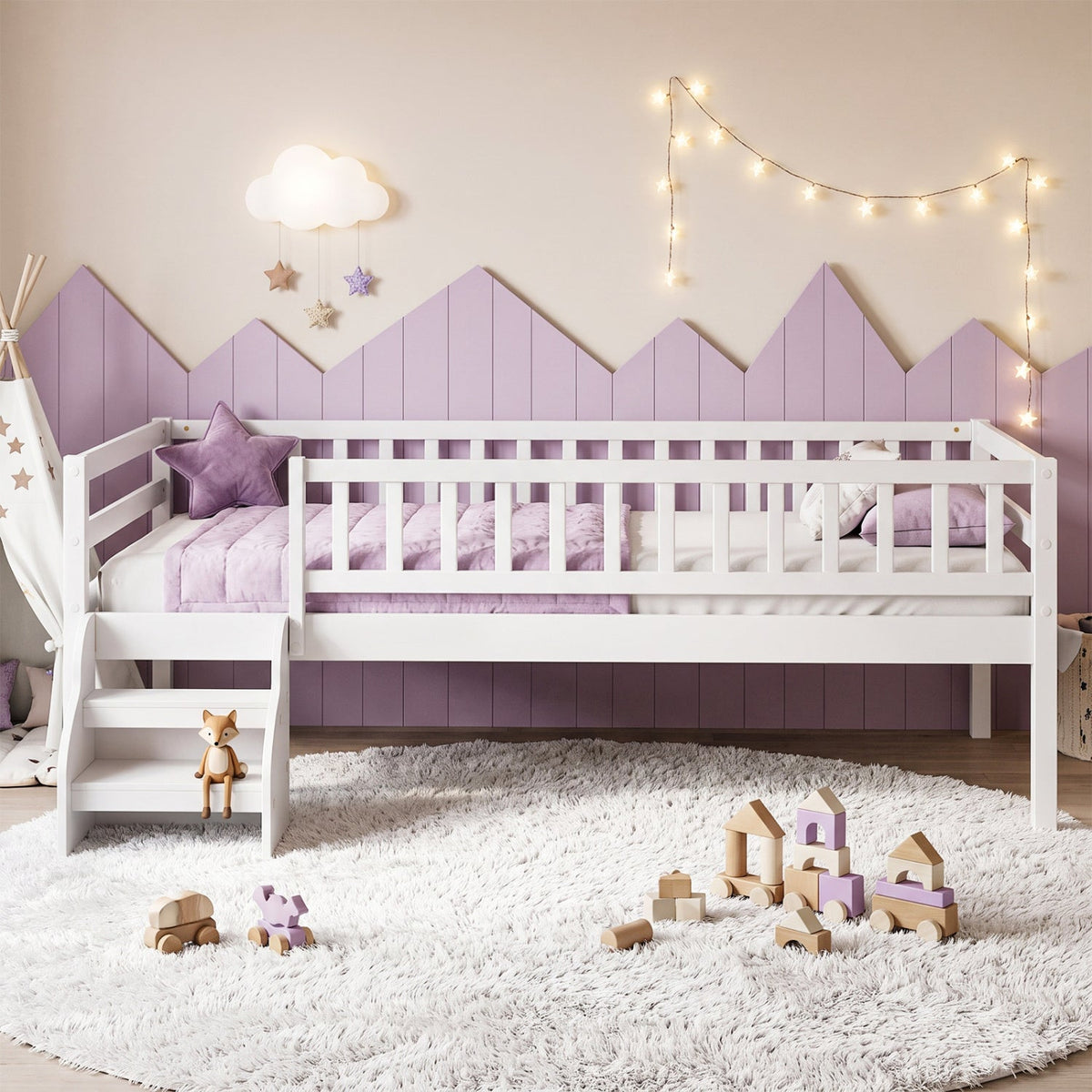 Twin Size Montessori Bed with Stairs and Guardrails-Beds & Bed Frames-DECOROLALA