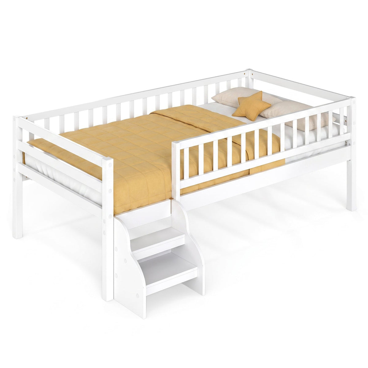 Twin Size Montessori Bed with Stairs and Guardrails-Beds & Bed Frames-DECOROLALA