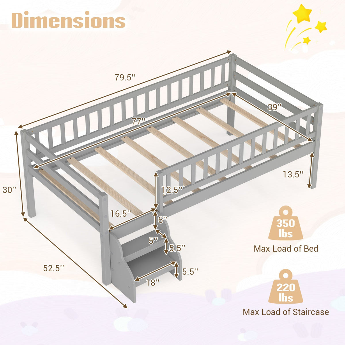 Twin Size Montessori Bed with Stairs and Guardrails-Beds & Bed Frames-DECOROLALA