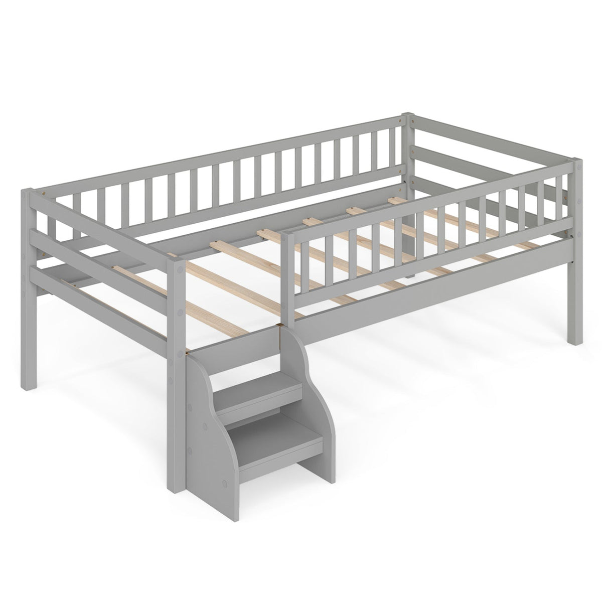 Twin Size Montessori Bed with Stairs and Guardrails-Beds & Bed Frames-DECOROLALA
