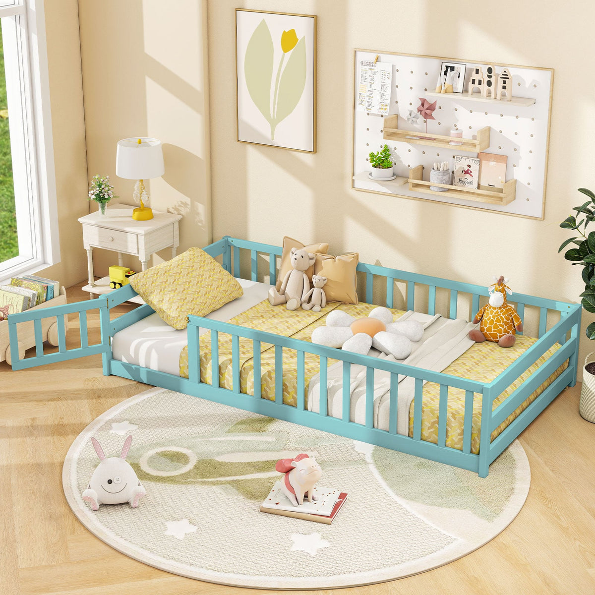 Twin Size Montessori Floor Bed Frame with Full Length Safety Guardrails-Dark Green-Toddler Beds-DECOROLALA