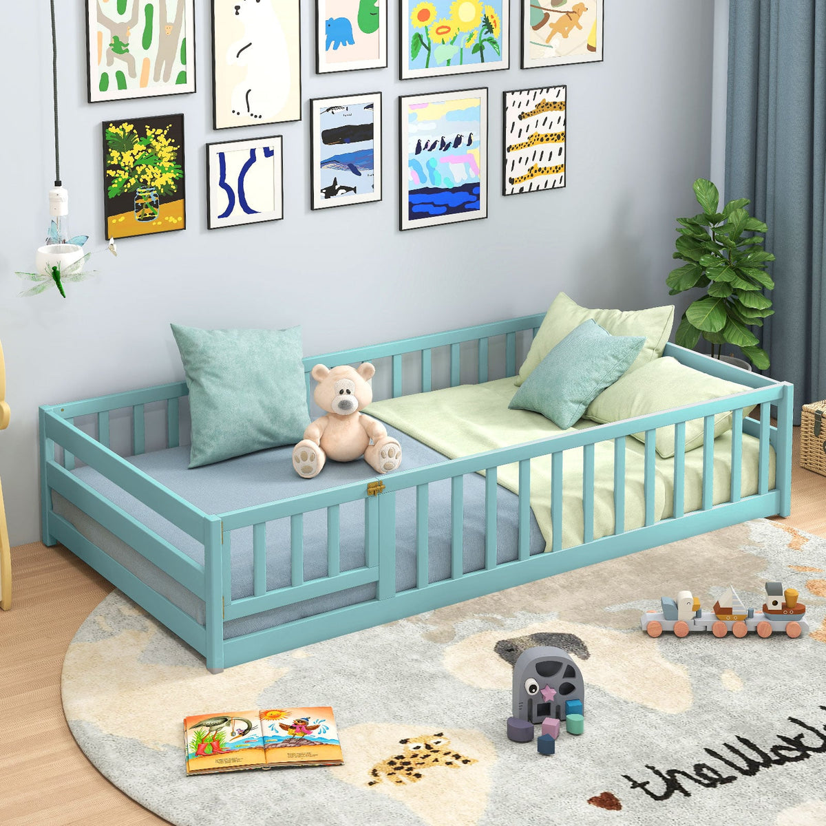 Twin Size Montessori Floor Bed Frame with Full Length Safety Guardrails-Dark Green-Toddler Beds-DECOROLALA