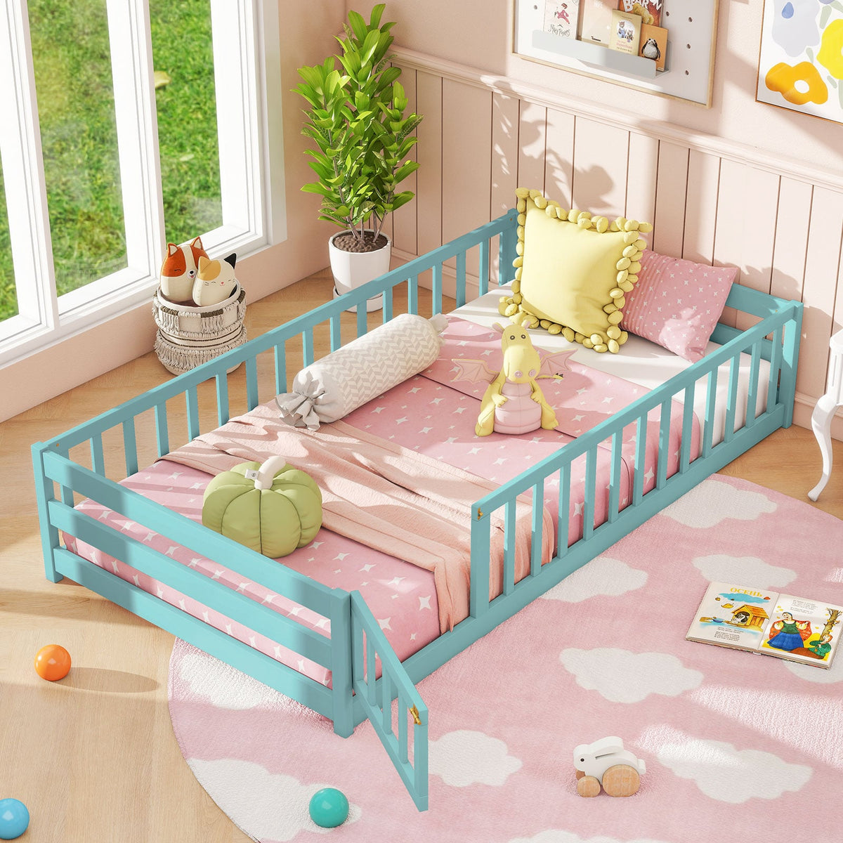 Twin Size Montessori Floor Bed Frame with Full Length Safety Guardrails-Dark Green-Toddler Beds-DECOROLALA
