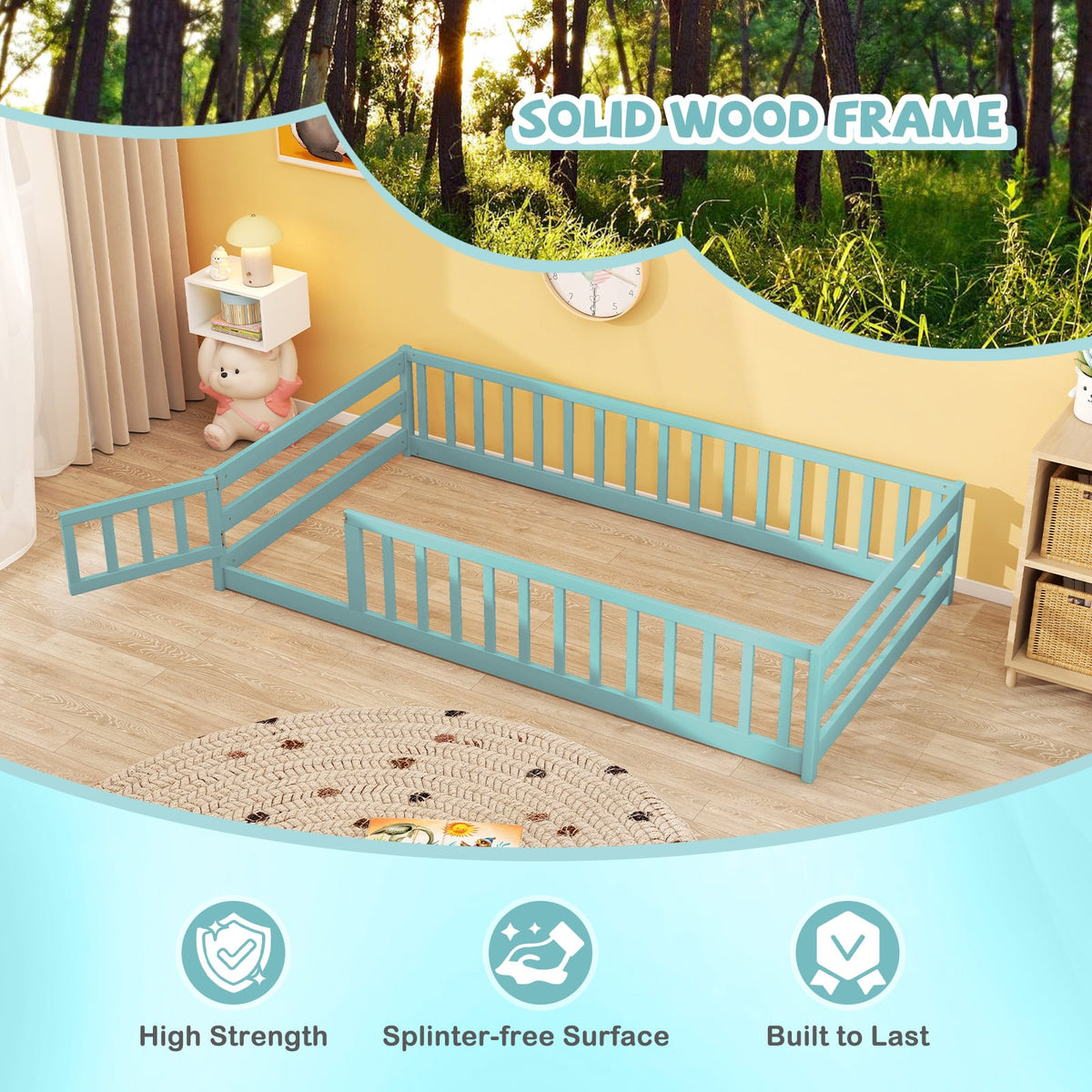 Twin Size Montessori Floor Bed Frame with Full Length Safety Guardrails-Dark Green-Toddler Beds-DECOROLALA