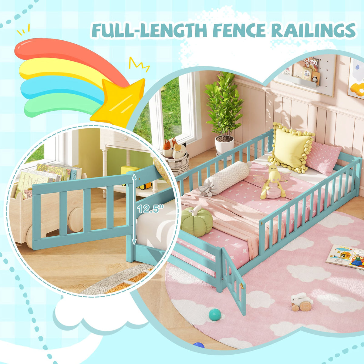 Twin Size Montessori Floor Bed Frame with Full Length Safety Guardrails-Dark Green-Toddler Beds-DECOROLALA