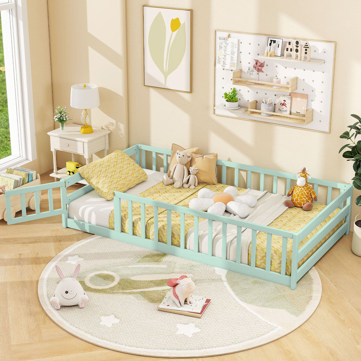 Twin Size Montessori Floor Bed Frame with Full Length Safety Guardrails-Green-Toddler Beds-DECOROLALA