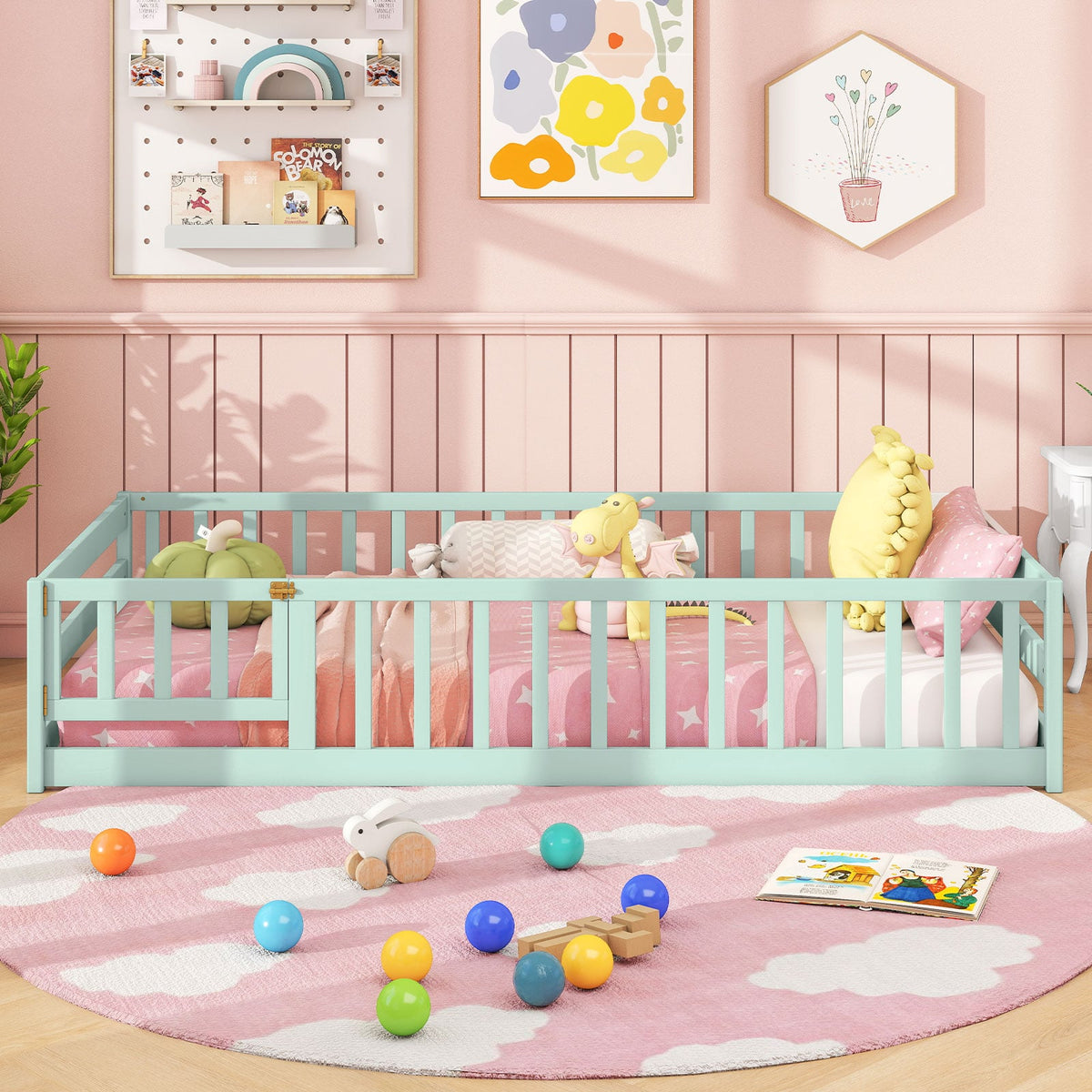 Twin Size Montessori Floor Bed Frame with Full Length Safety Guardrails-Green-Toddler Beds-DECOROLALA