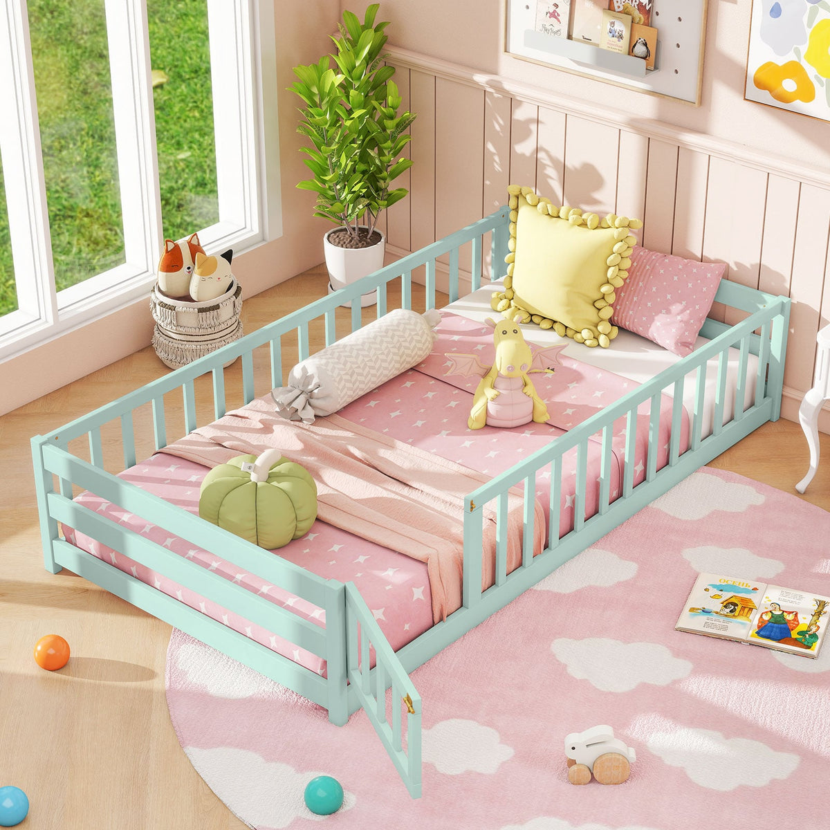 Twin Size Montessori Floor Bed Frame with Full Length Safety Guardrails-Green-Toddler Beds-DECOROLALA