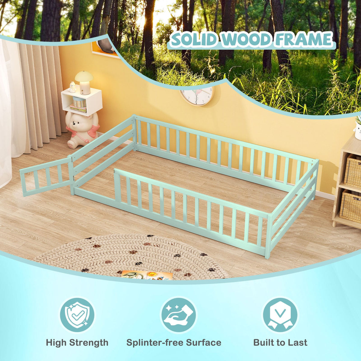 Twin Size Montessori Floor Bed Frame with Full Length Safety Guardrails-Green-Toddler Beds-DECOROLALA