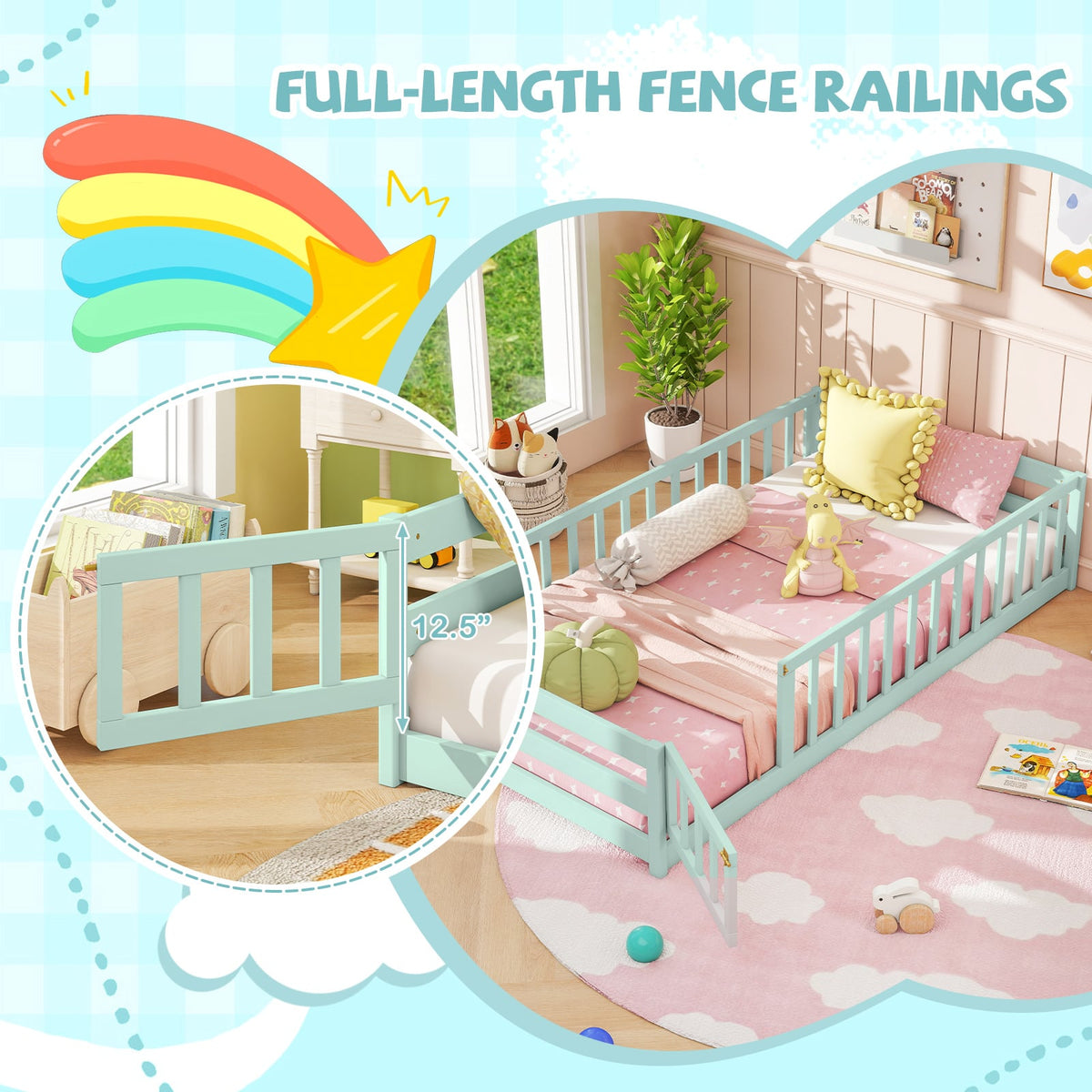 Twin Size Montessori Floor Bed Frame with Full Length Safety Guardrails-Green-Toddler Beds-DECOROLALA