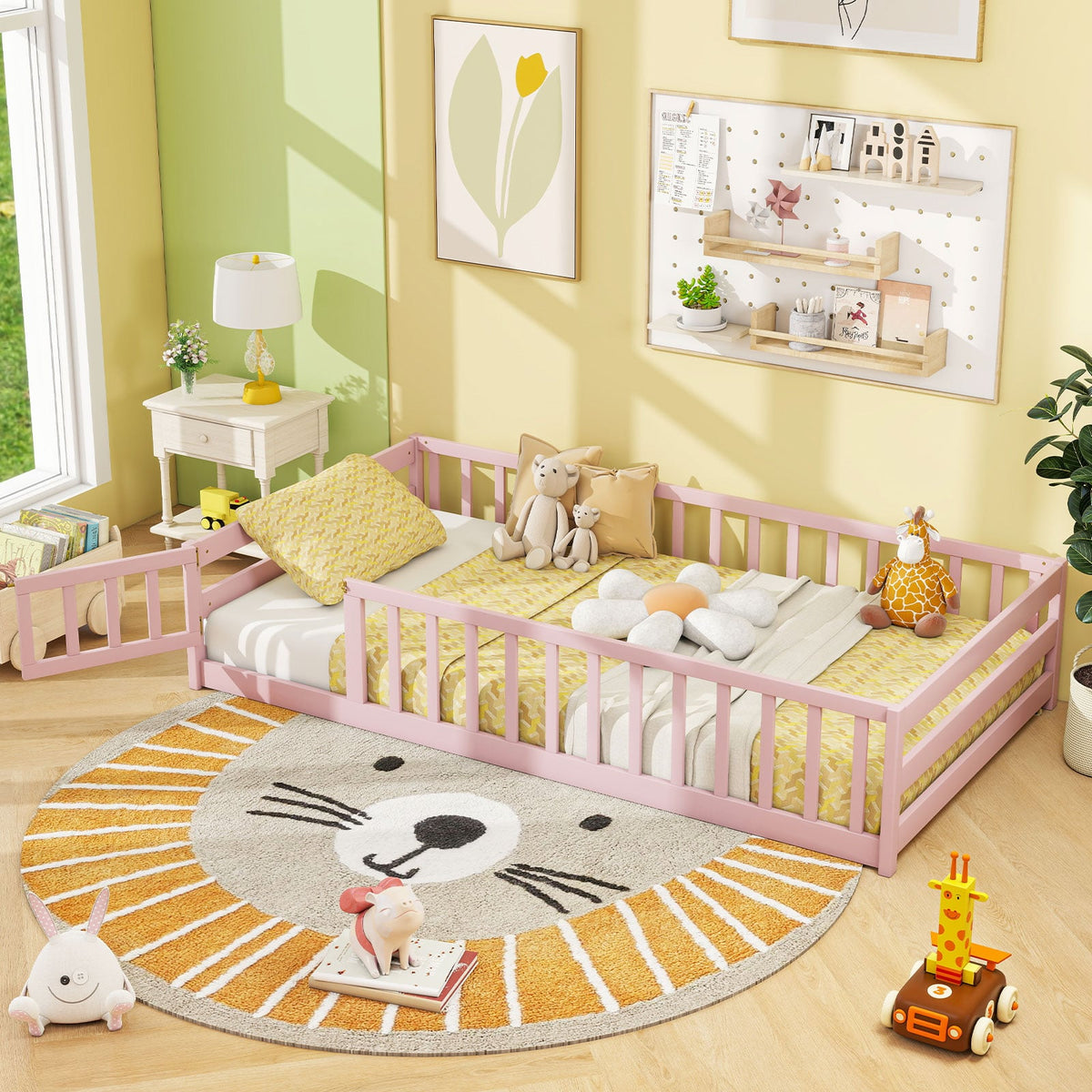 Twin Size Montessori Floor Bed Frame with Full Length Safety Guardrails-Pink-Toddler Beds-DECOROLALA