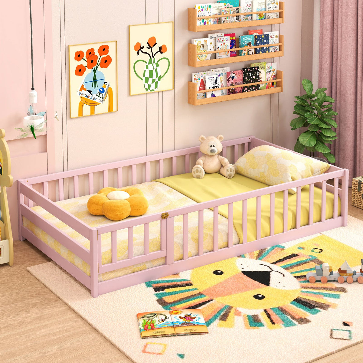 Twin Size Montessori Floor Bed Frame with Full Length Safety Guardrails-Pink-Toddler Beds-DECOROLALA
