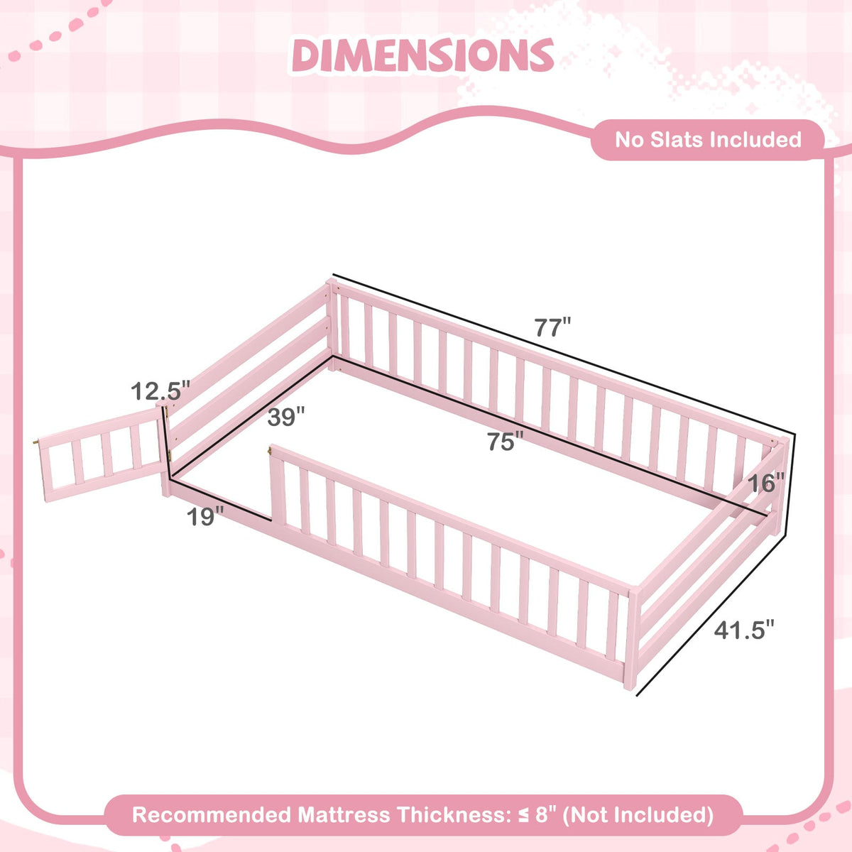 Twin Size Montessori Floor Bed Frame with Full Length Safety Guardrails-Pink-Toddler Beds-DECOROLALA