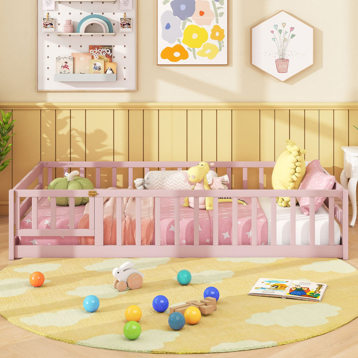 Twin Size Montessori Floor Bed Frame with Full Length Safety Guardrails-Pink-Toddler Beds-DECOROLALA