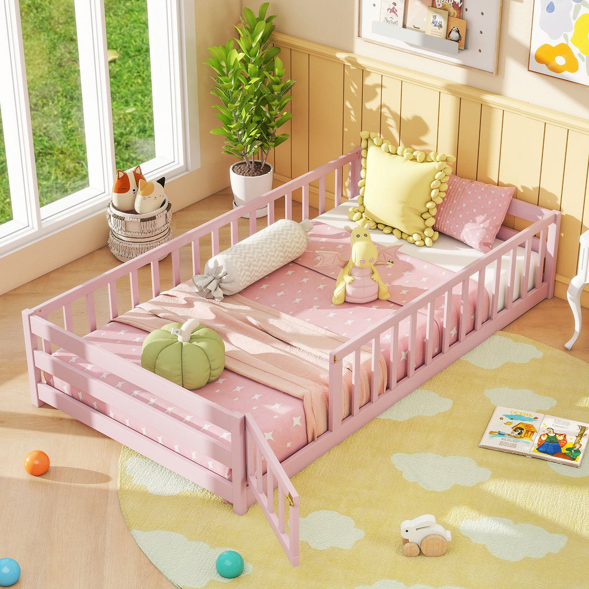 Twin Size Montessori Floor Bed Frame with Full Length Safety Guardrails-Pink-Toddler Beds-DECOROLALA