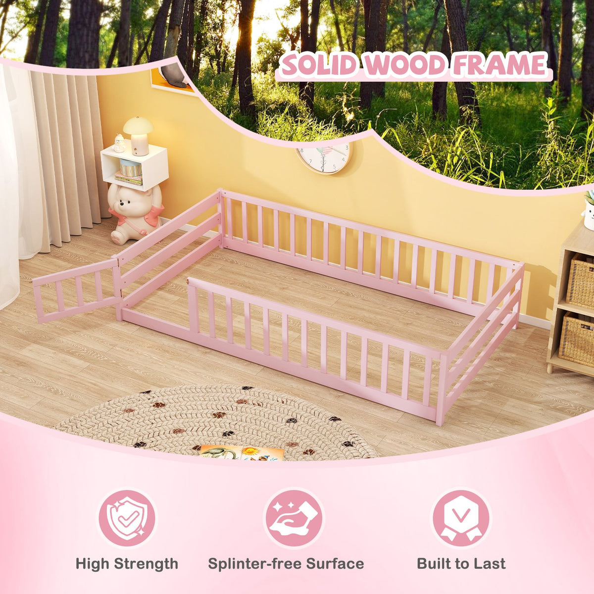 Twin Size Montessori Floor Bed Frame with Full Length Safety Guardrails-Pink-Toddler Beds-DECOROLALA