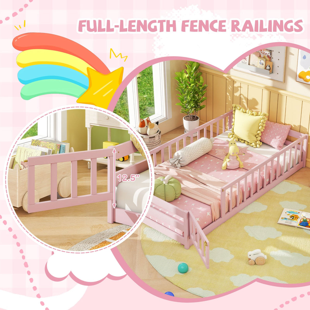 Twin Size Montessori Floor Bed Frame with Full Length Safety Guardrails-Pink-Toddler Beds-DECOROLALA