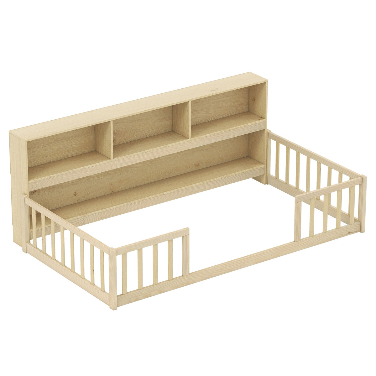 Twin Size Montessori Floor Bed with Bookcase-Trundle Bed Frame-DECOROLALA