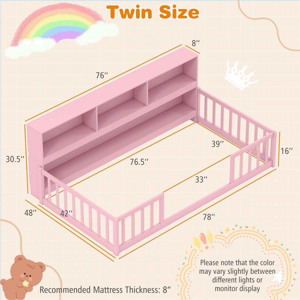 Twin Size Montessori Floor Bed with Bookcase-Trundle Bed Frame-DECOROLALA