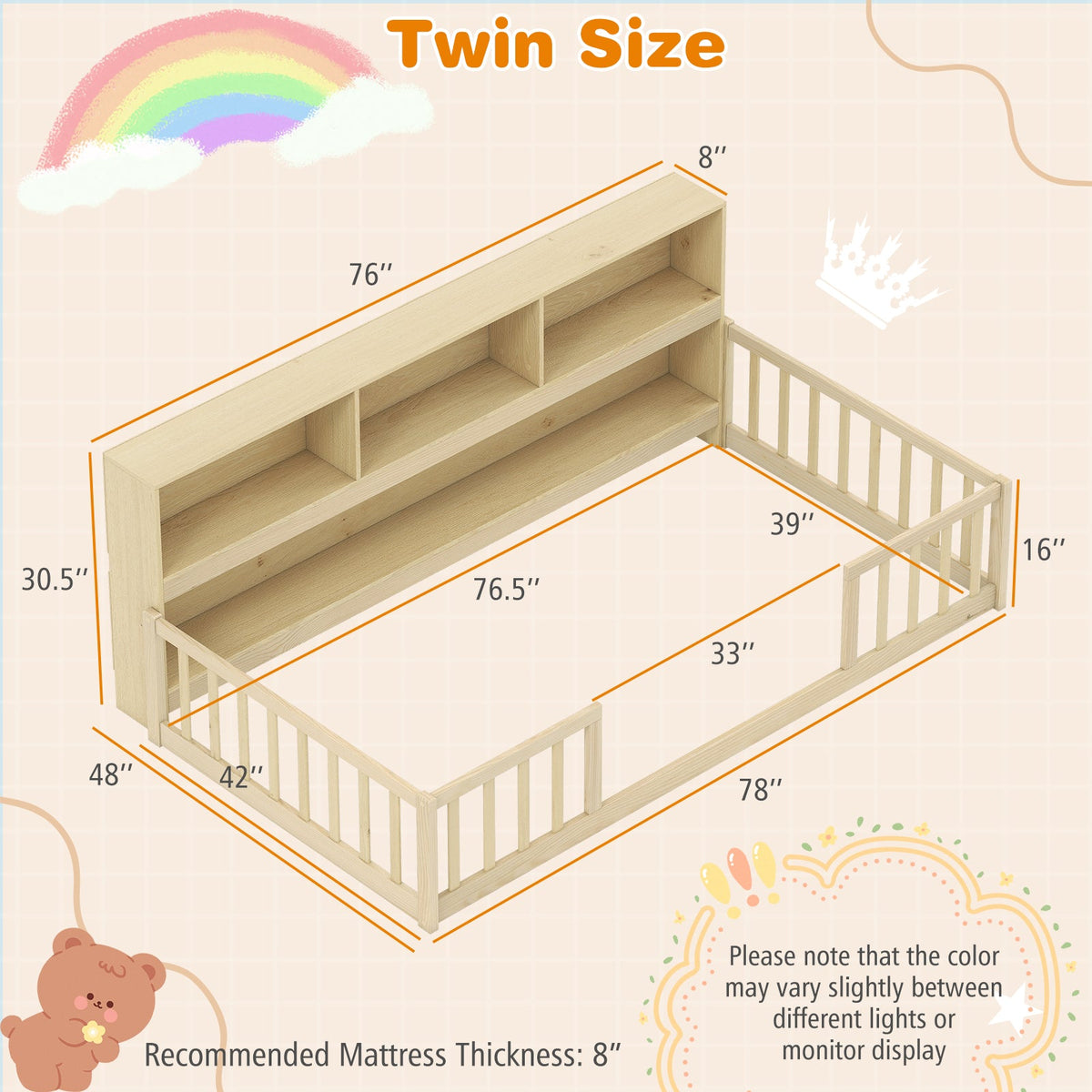 Twin Size Montessori Floor Bed with Bookcase-Trundle Bed Frame-DECOROLALA