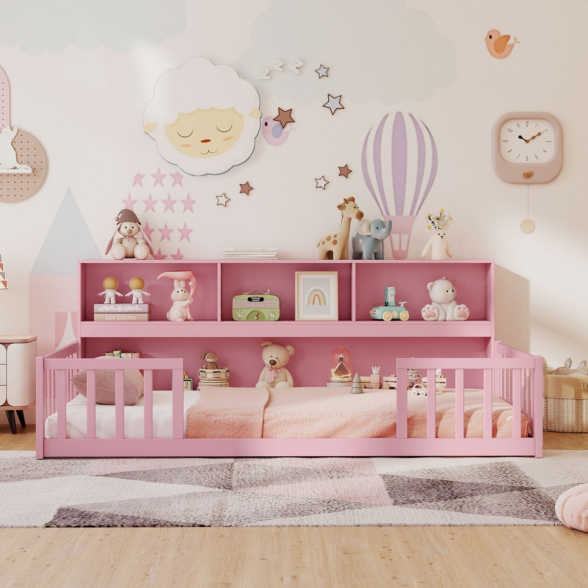 Twin Size Montessori Floor Bed with Bookcase-Trundle Bed Frame-DECOROLALA