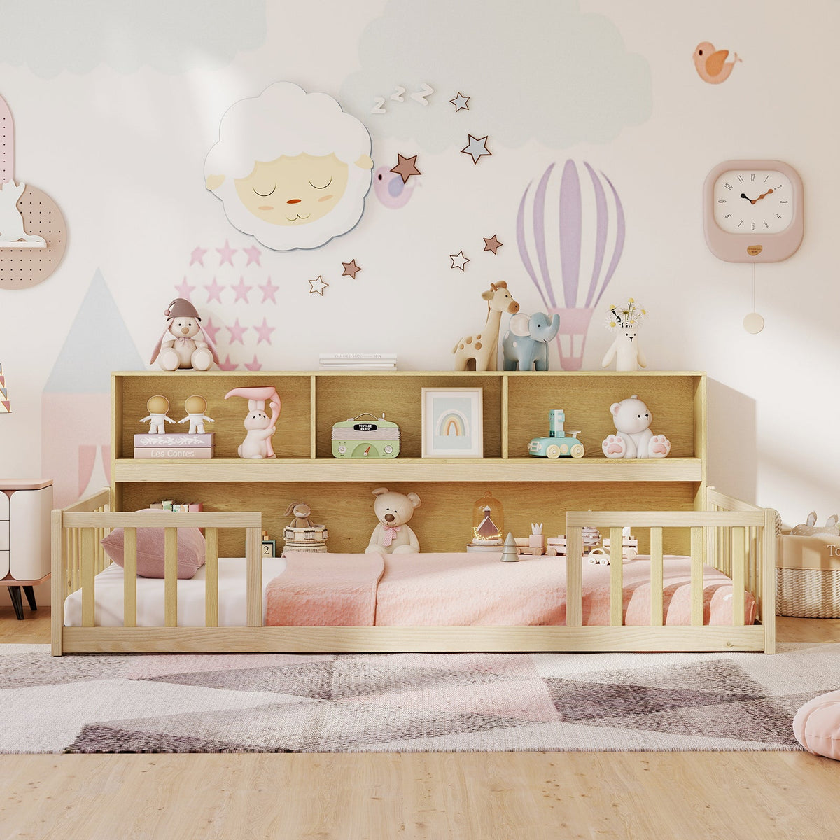 Twin Size Montessori Floor Bed with Bookcase-Trundle Bed Frame-DECOROLALA