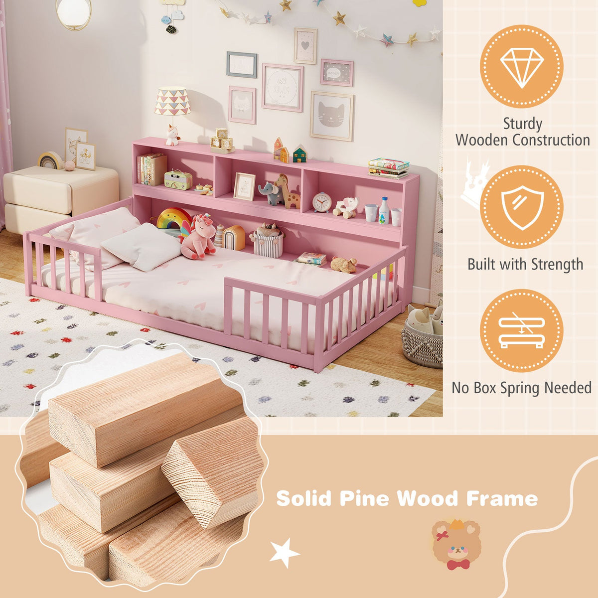 Twin Size Montessori Floor Bed with Bookcase-Trundle Bed Frame-DECOROLALA