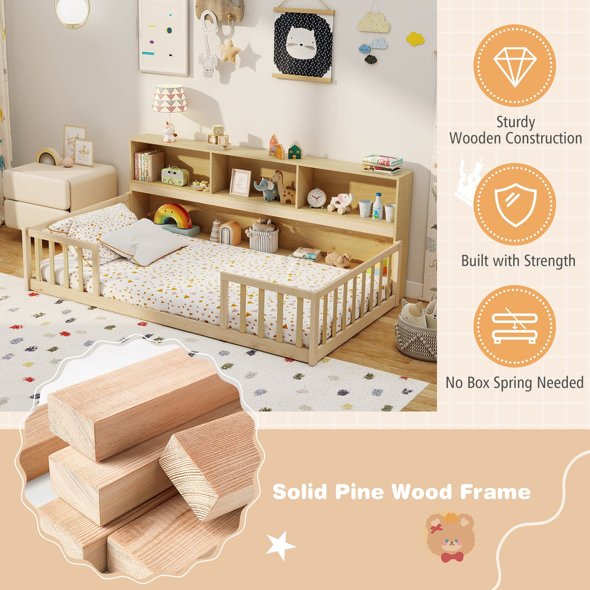 Twin Size Montessori Floor Bed with Bookcase-Trundle Bed Frame-DECOROLALA