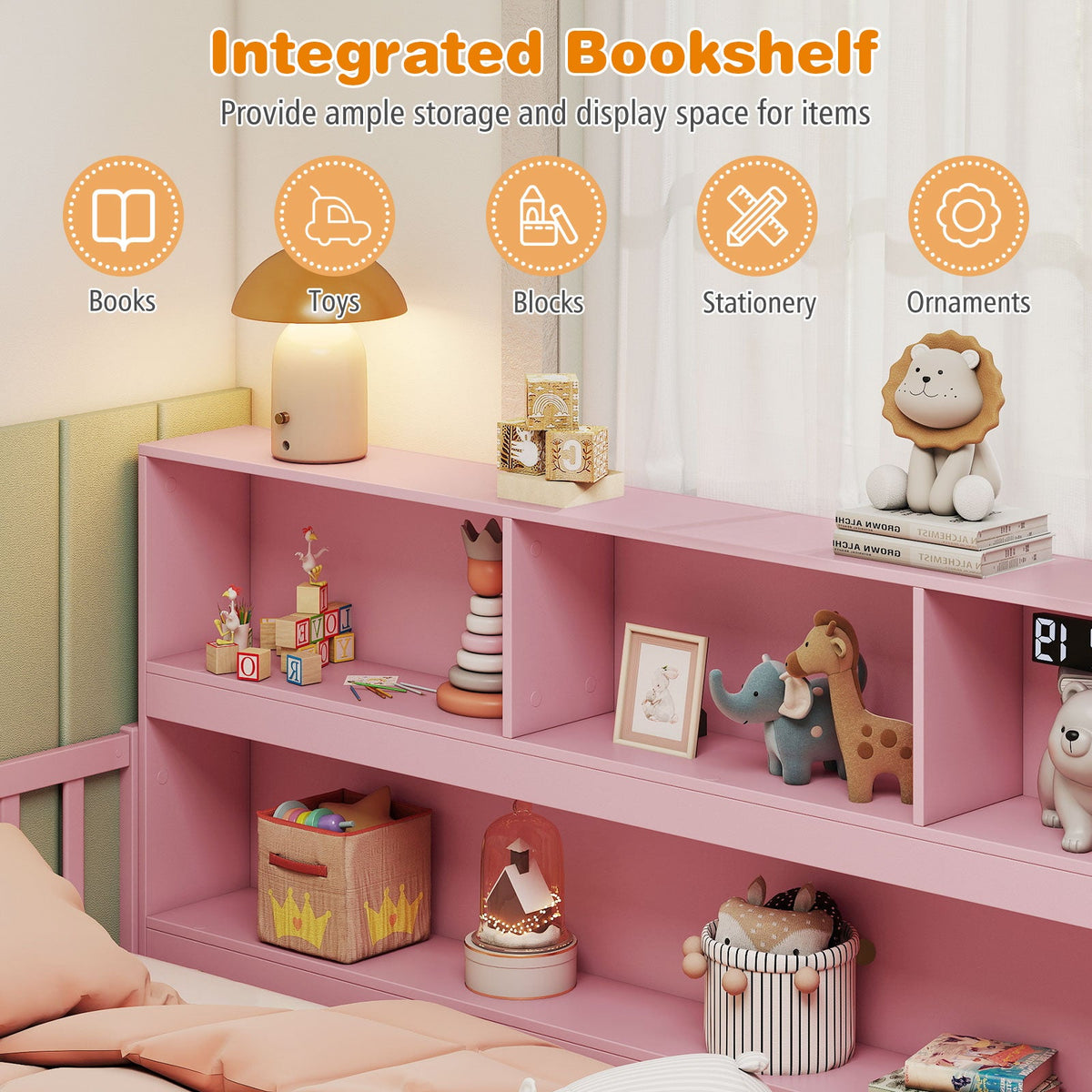 Twin Size Montessori Floor Bed with Bookcase-Trundle Bed Frame-DECOROLALA