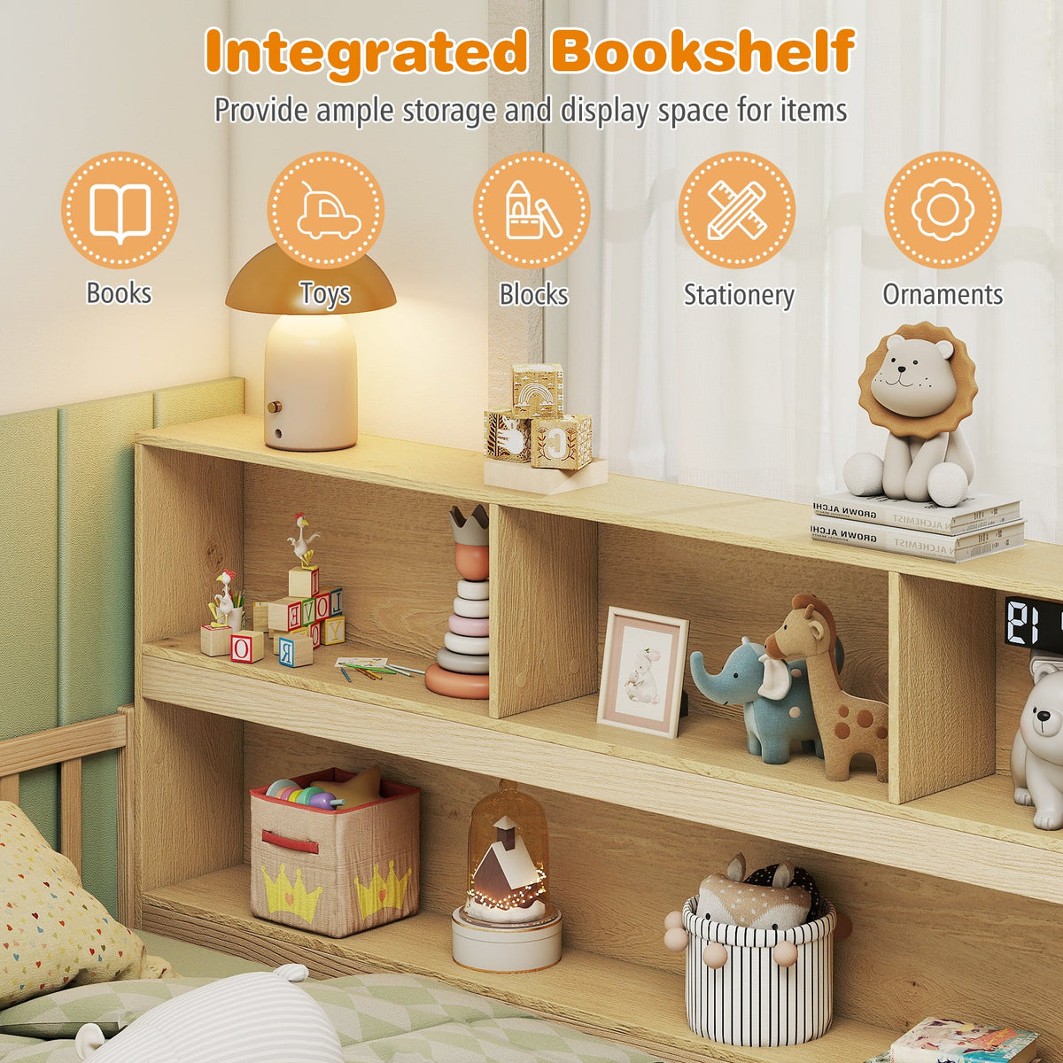 Twin Size Montessori Floor Bed with Bookcase-Trundle Bed Frame-DECOROLALA