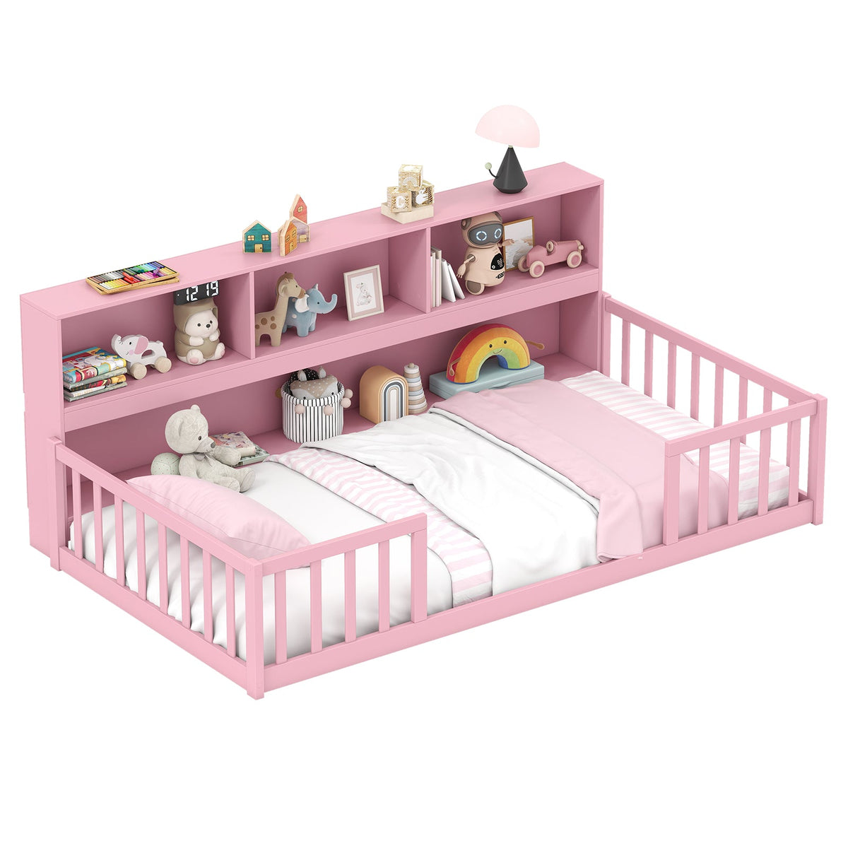Twin Size Montessori Floor Bed with Bookcase-Trundle Bed Frame-DECOROLALA