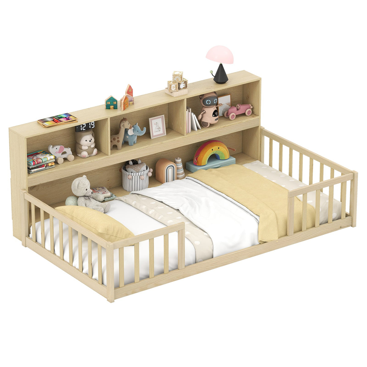 Twin Size Montessori Floor Bed with Bookcase-Trundle Bed Frame-DECOROLALA