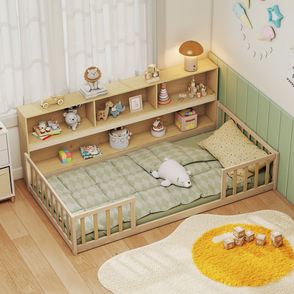 Twin Size Montessori Floor Bed with Bookcase-Trundle Bed Frame-DECOROLALA