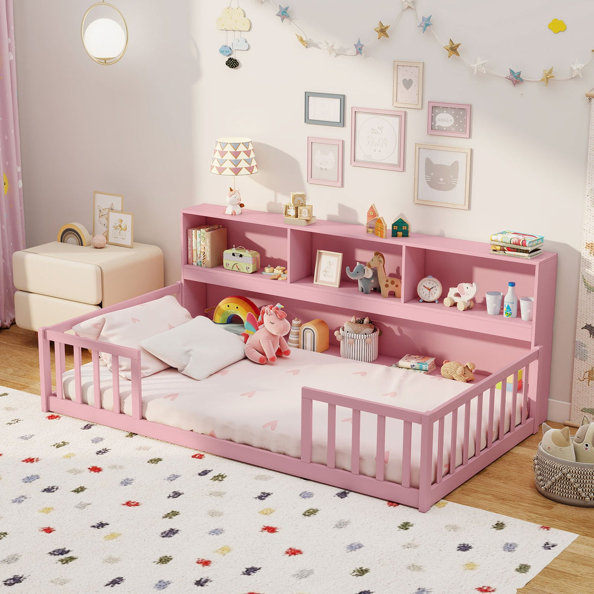 Twin Size Montessori Floor Bed with Bookcase-Trundle Bed Frame-DECOROLALA