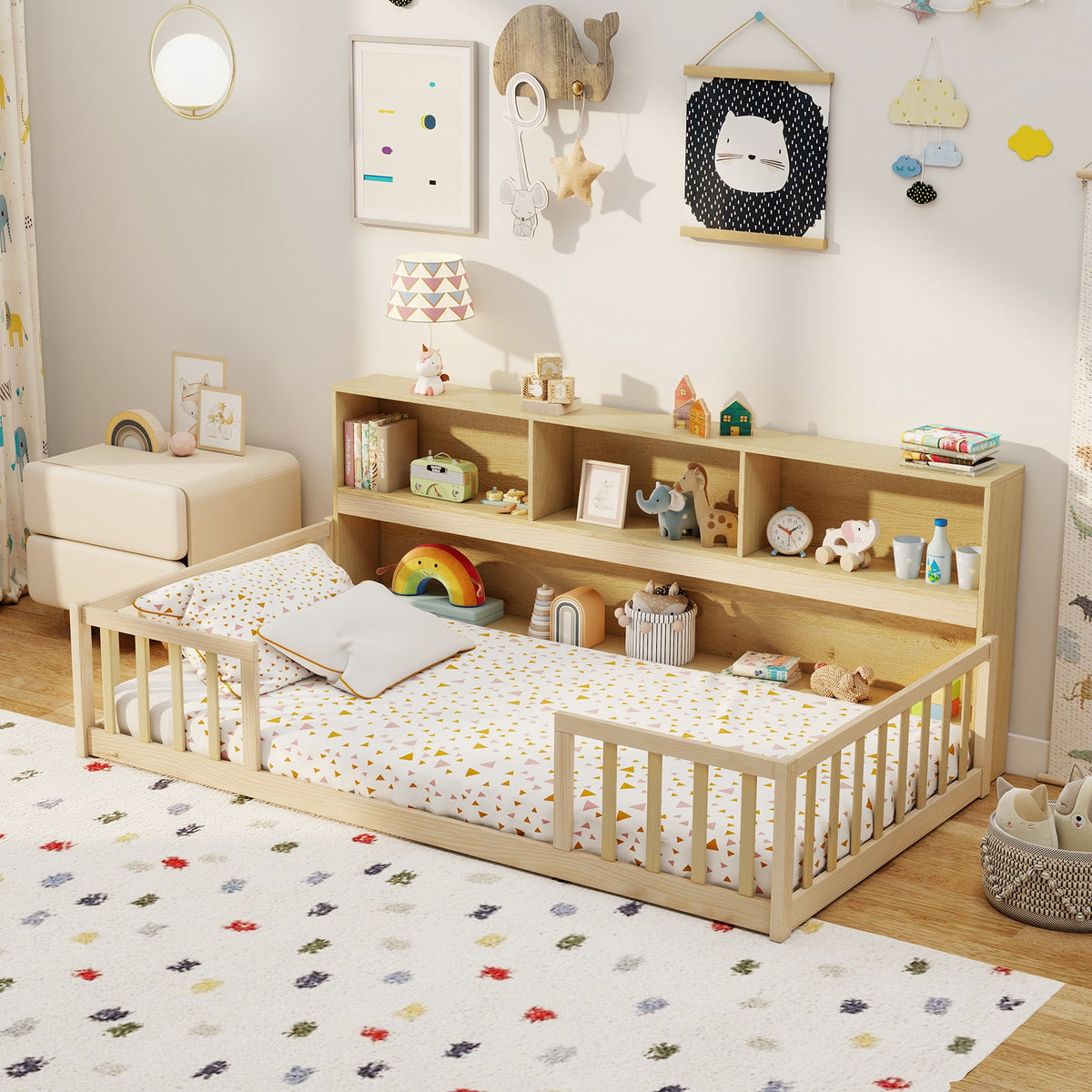 Twin Size Montessori Floor Bed with Bookcase-Trundle Bed Frame-DECOROLALA