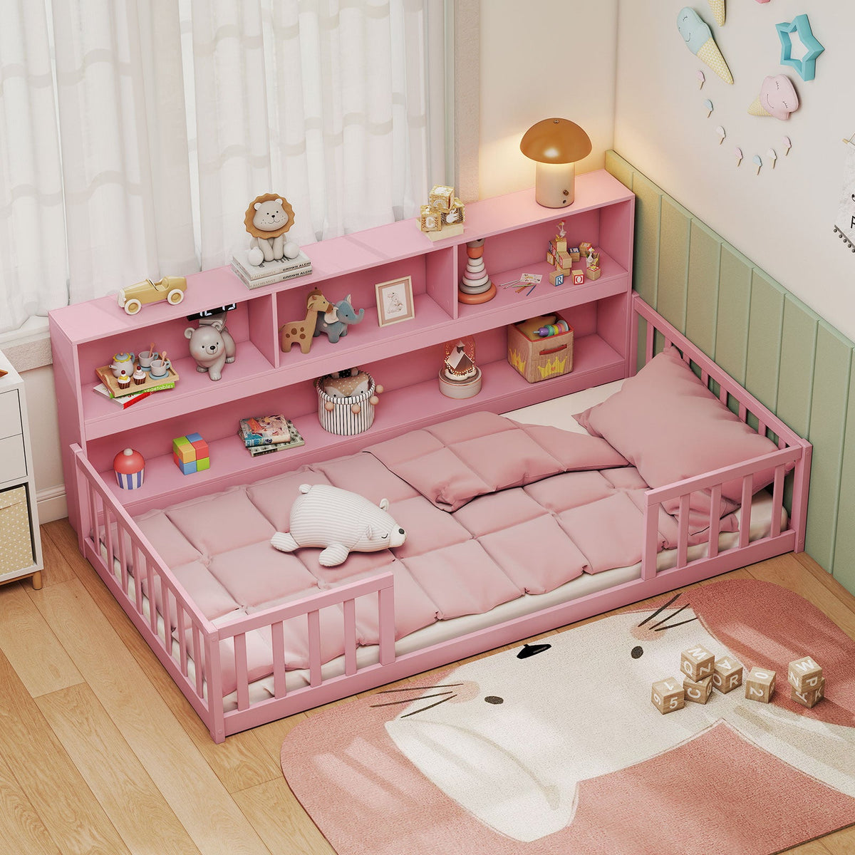 Twin Size Montessori Floor Bed with Bookcase-Trundle Bed Frame-DECOROLALA