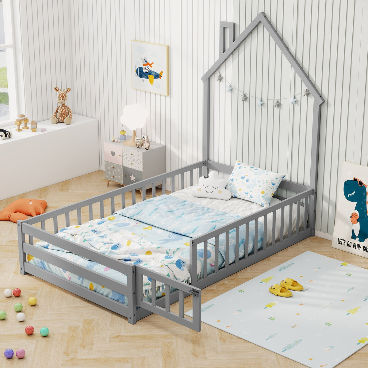 Twin Size Montessori Floor Bed with Lockable Door and Full-Length Guardrail-Gray-Toddler Beds-DECOROLALA