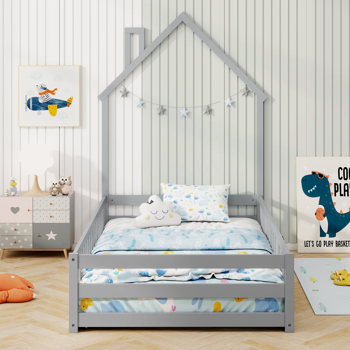 Twin Size Montessori Floor Bed with Lockable Door and Full-Length Guardrail-Gray-Toddler Beds-DECOROLALA
