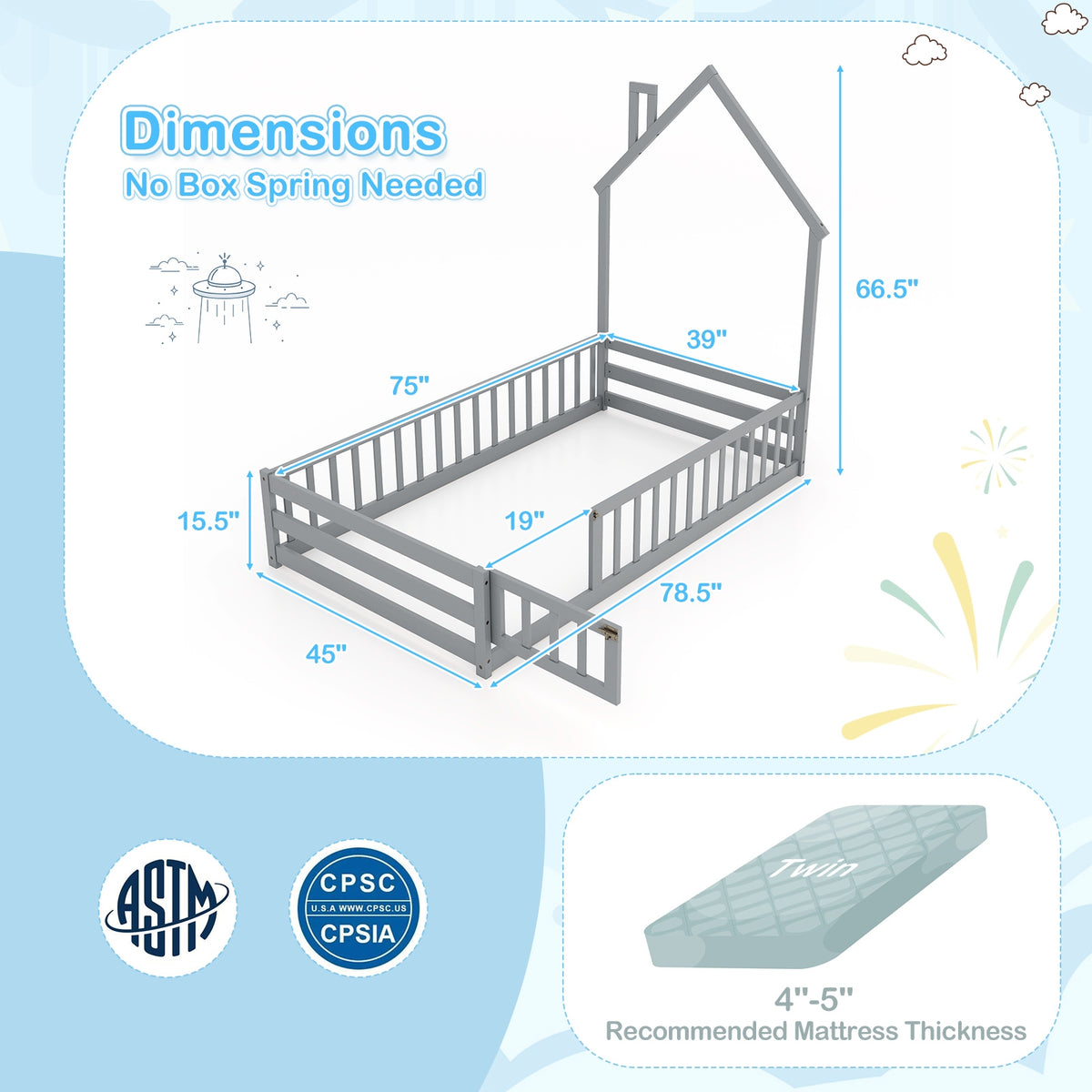 Twin Size Montessori Floor Bed with Lockable Door and Full-Length Guardrail-Gray-Toddler Beds-DECOROLALA