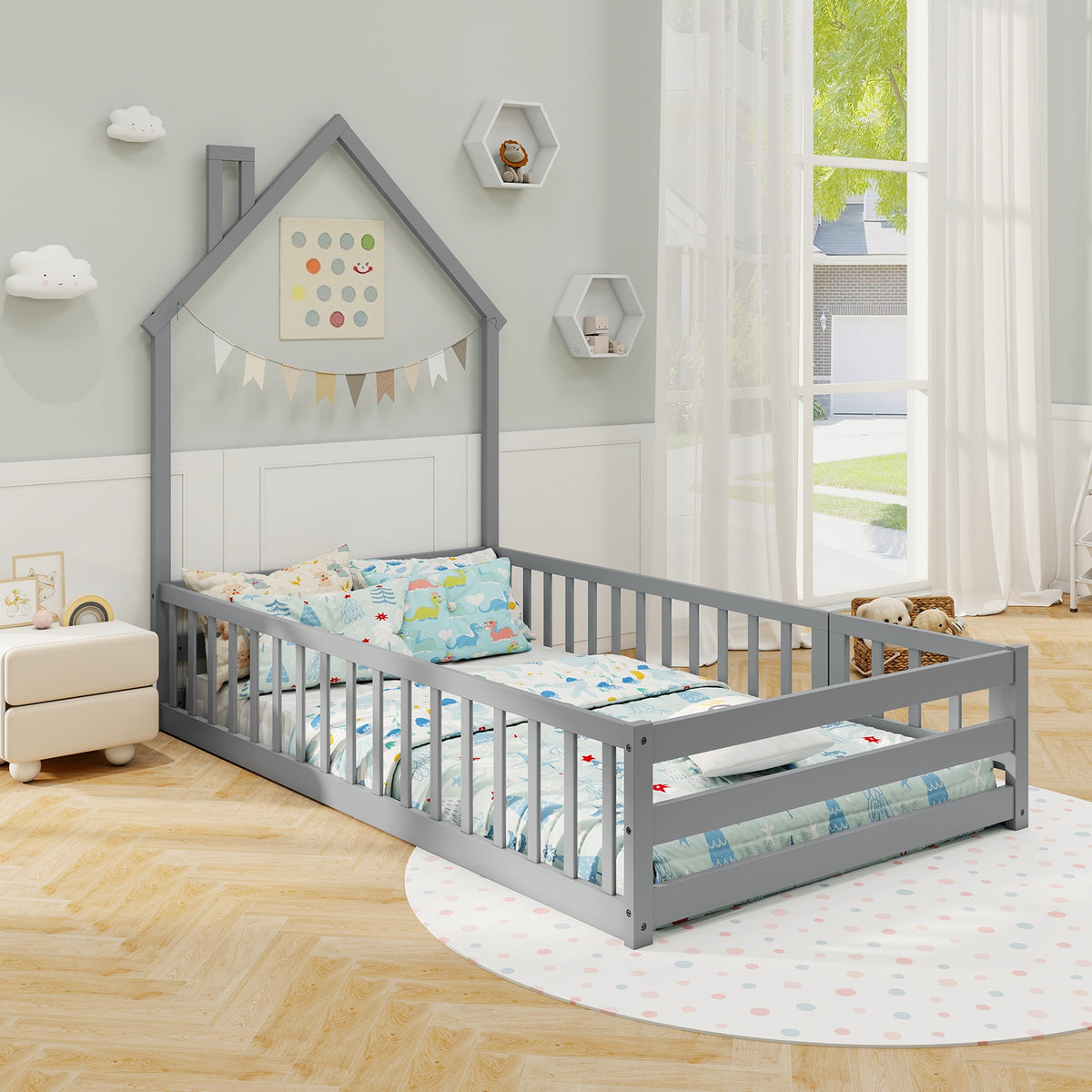 Twin Size Montessori Floor Bed with Lockable Door and Full-Length Guardrail-Gray-Toddler Beds-DECOROLALA