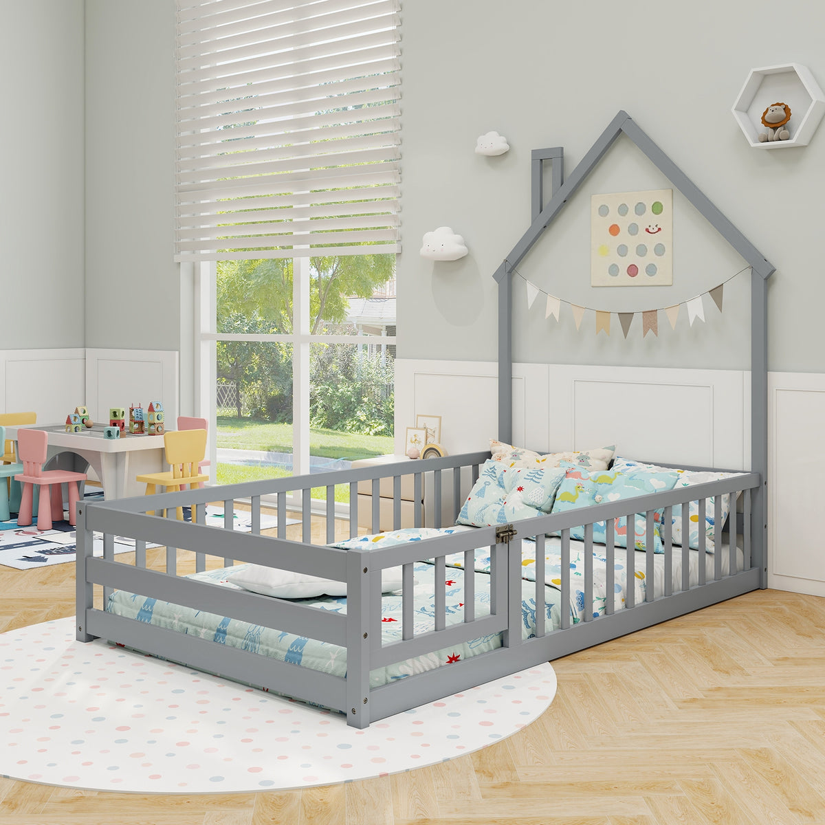 Twin Size Montessori Floor Bed with Lockable Door and Full-Length Guardrail-Gray-Toddler Beds-DECOROLALA