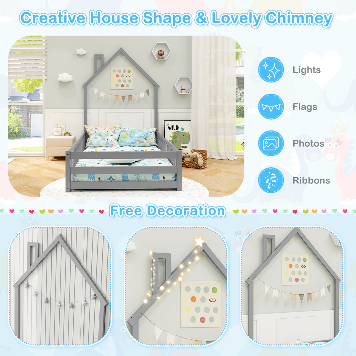 Twin Size Montessori Floor Bed with Lockable Door and Full-Length Guardrail-Gray-Toddler Beds-DECOROLALA