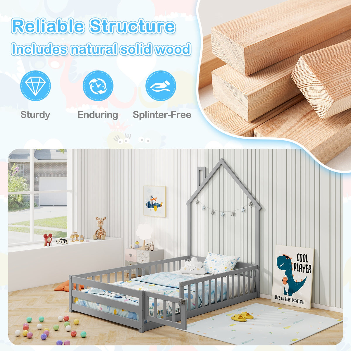 Twin Size Montessori Floor Bed with Lockable Door and Full-Length Guardrail-Gray-Toddler Beds-DECOROLALA