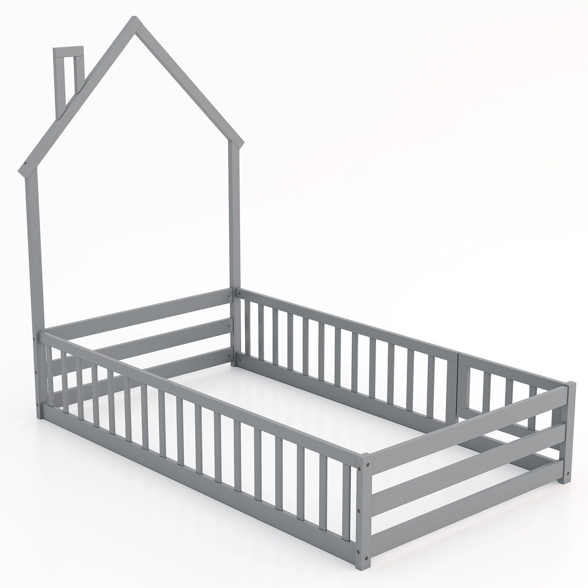 Twin Size Montessori Floor Bed with Lockable Door and Full-Length Guardrail-Gray-Toddler Beds-DECOROLALA