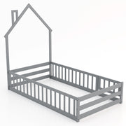Twin Size Montessori Floor Bed with Lockable Door and Full-Length Guardrail-Gray-Toddler Beds-DECOROLALA