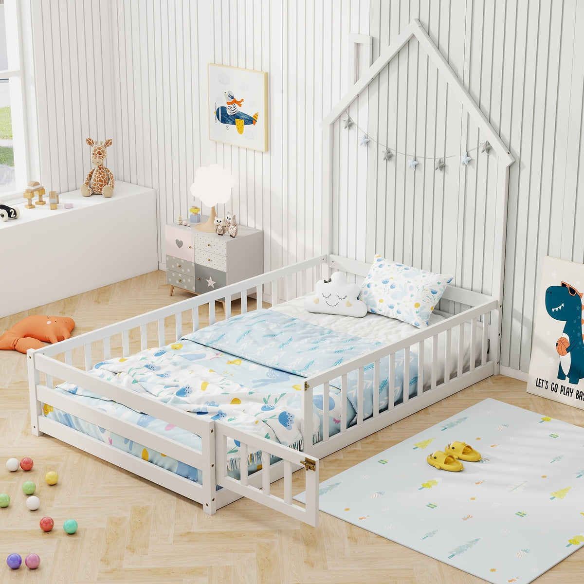 Twin Size Montessori Floor Bed with Lockable Door and Full-Length Guardrail-White-Toddler Beds-DECOROLALA
