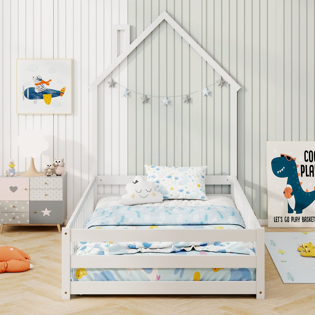 Twin Size Montessori Floor Bed with Lockable Door and Full-Length Guardrail-White-Toddler Beds-DECOROLALA